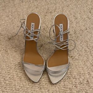 Aquazurra Trouble Maker Sandal 105 Metallic Silver Pointed Toe Lace-Up Heels